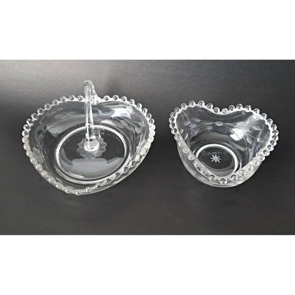 Vintage Heart Shaped Candlewick Candy Dish Condiment Bowls Cornflower Etched - Picture 1 of 5